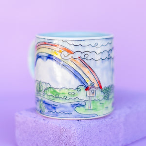 # 56 Cottage, Pond and Rainbow : Medium Mug