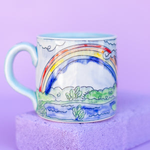 # 56 Cottage, Pond and Rainbow : Medium Mug